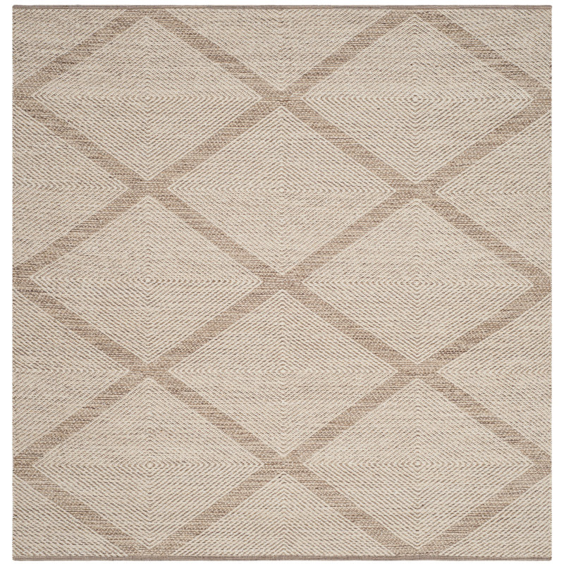 Tapis géométrique beige en coton tissé à plat à la main Abberton, Carré 6 pi