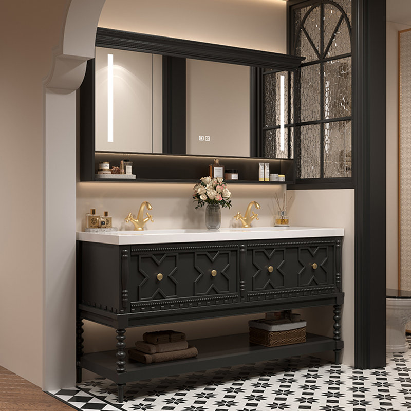 Vintage bathroom cabinet French style., Black, 32.28" H x 55.12" W x 21.65" D
