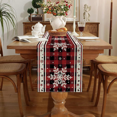 Christmas Decorations -Snowflakes Christmas Table Runner With Buffalo Plaid, Seasonal Winter Xmas Holiday Kitchen Dining Table Decoration For Indoor Outdoor Home Party Decor 13 X 72 Inch