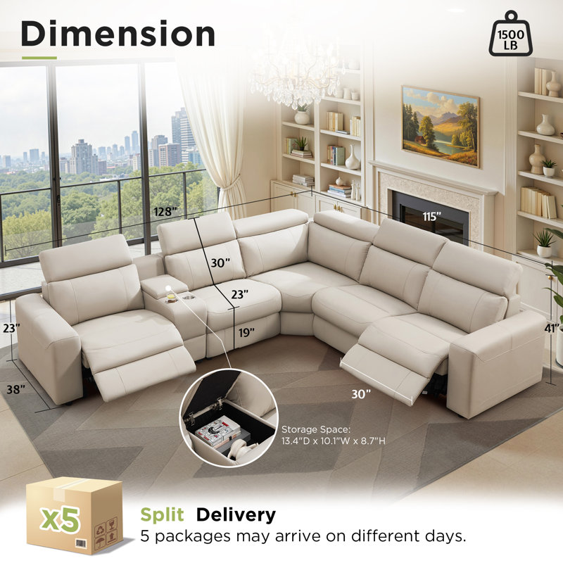 Oversized Power Reclining Leather Sectional Sofa With Console And Dual Recliners For Living Room Beige, Beige Faux Leather