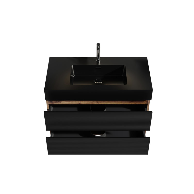Meuble-lavabo Mid-Century moderne avec tiroirs noirs et design, fixation murale en noyer, tiroirs doubles spacieux, Black