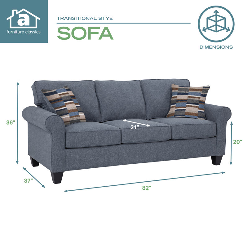 Blue Linen Rolled Arm Sofa with Removable Cushions