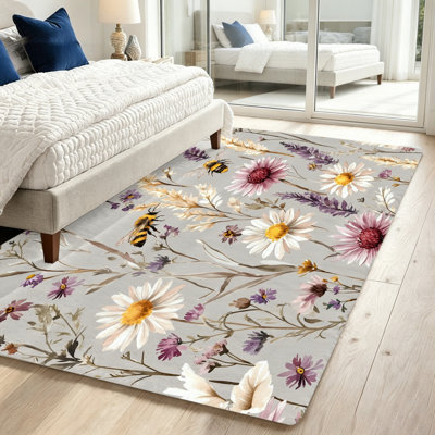 Floral Bee Area Rug, Watercolor Daisy and Lavender Design, Soft Plush Stain Resistant Non-Slip Machine Washable Shag, Indoor Floor Mat for Living Room, Bedroom, Entryway, Home Office Dining Spaces