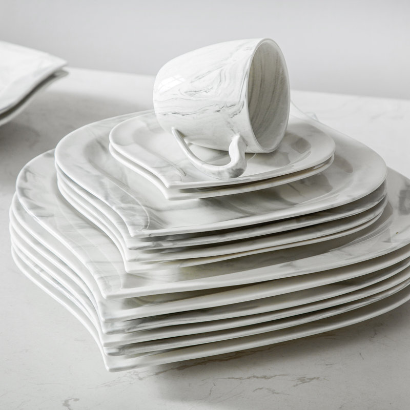 30-piece Marbling Grey Porcelain China Dinnerware Set, Service For 6