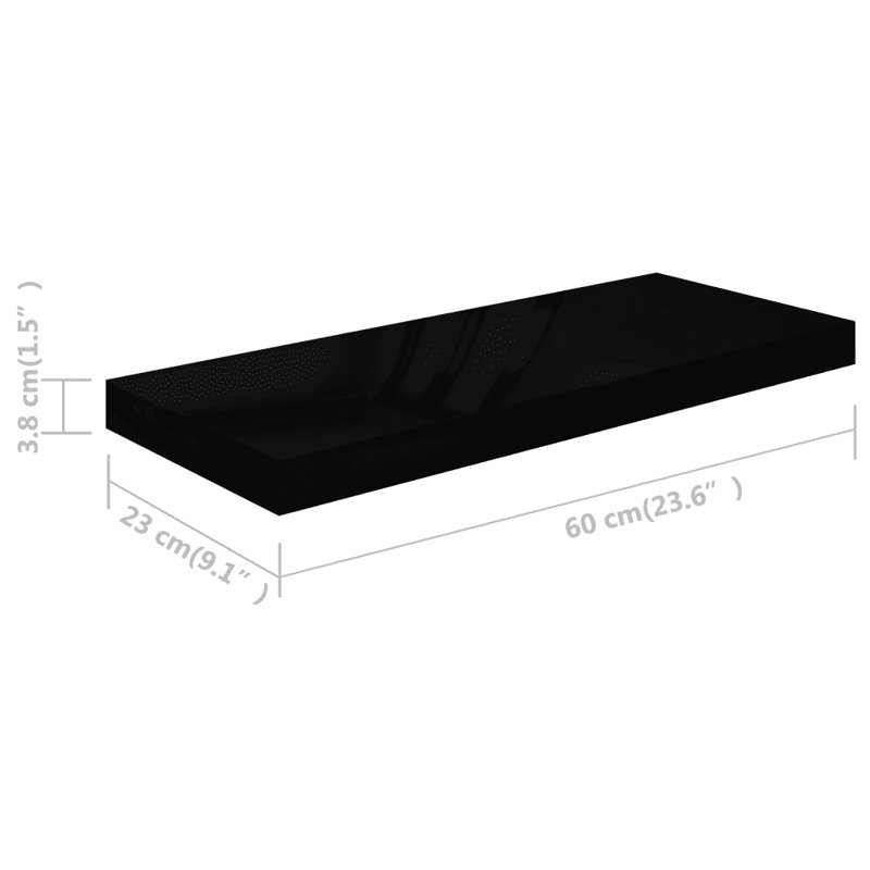 Arsis 4 Piece Metal Floating Shelf, High Gloss Black, 3.8cm H x 23.5cm W x 60cm D