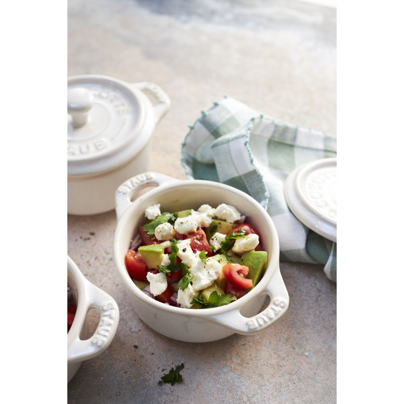 STAUB Ceramic 3-Pc Mini Round Cocotte Set With Tray, White