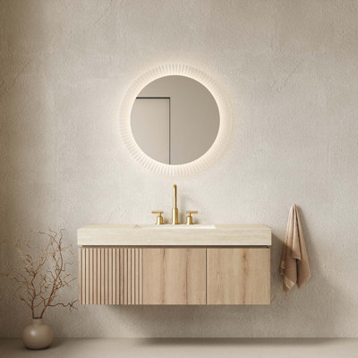 Floating Bathroom Vanity with Roma Travertine Countertop and Ceramic Basin