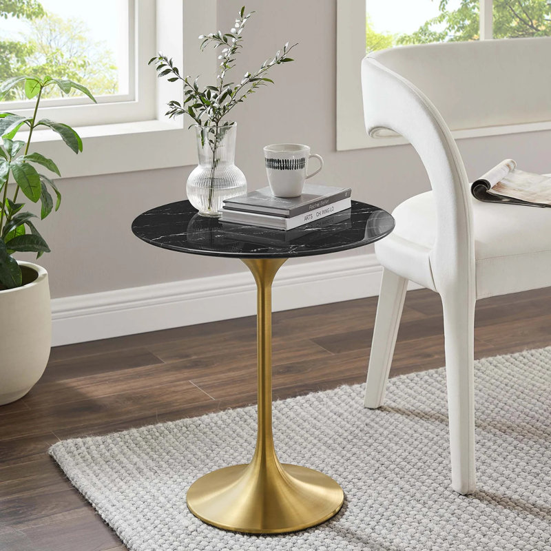 Table d'appoint ronde en marbre artificiel Lippa, Noir, Doré