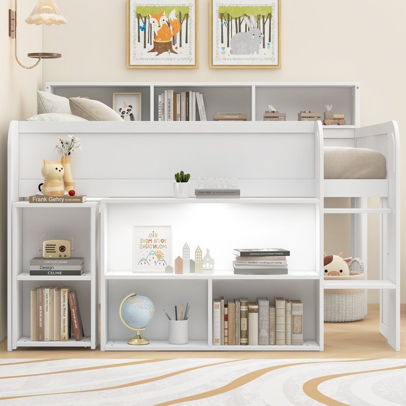 Loft Bed With Desk, Led And Multiple Shelves, White