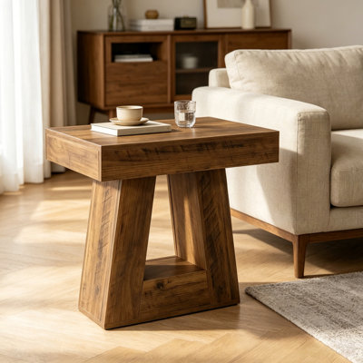 End Table Glass, Wood, PE 1 Set Tan Durable Modern Design Classic Style