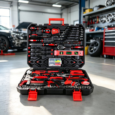 Ensemble d'outils pour la maison 266 pièces avec boîte à outils roulante - Ensemble complet d'outils à main pour le garage, la voiture, le bricolage et l'atelier - Comprend un tournevis à cliquet, un jeu de douilles, une pince, un marteau, un niveau, une mesure