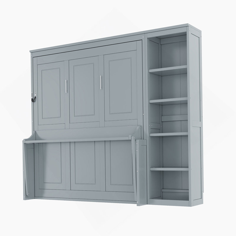 Structure de lit, lit escamotable avec bureau et bibliothèque, Gris, Double