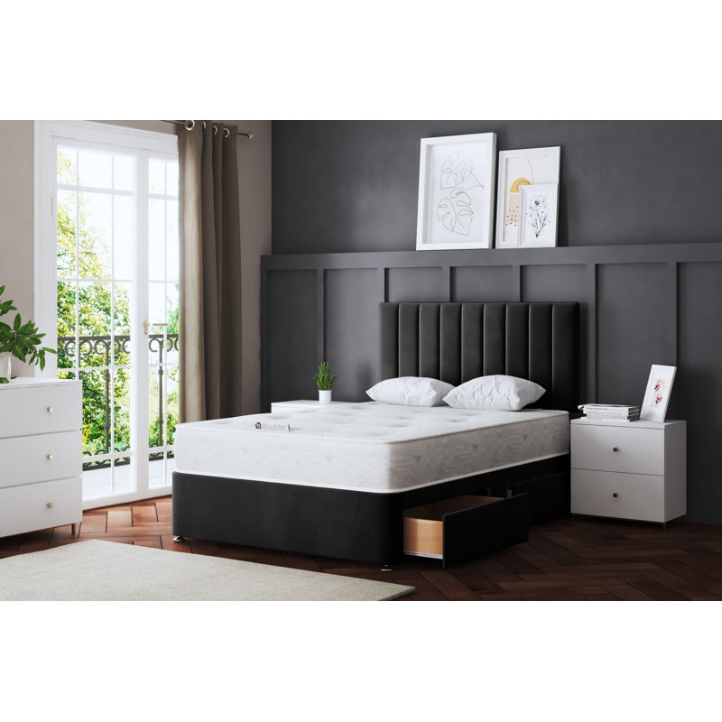 Amelia Upholstered Panel 4 Draw Divan Bed with Headboard, Black, Small Single (2'6)