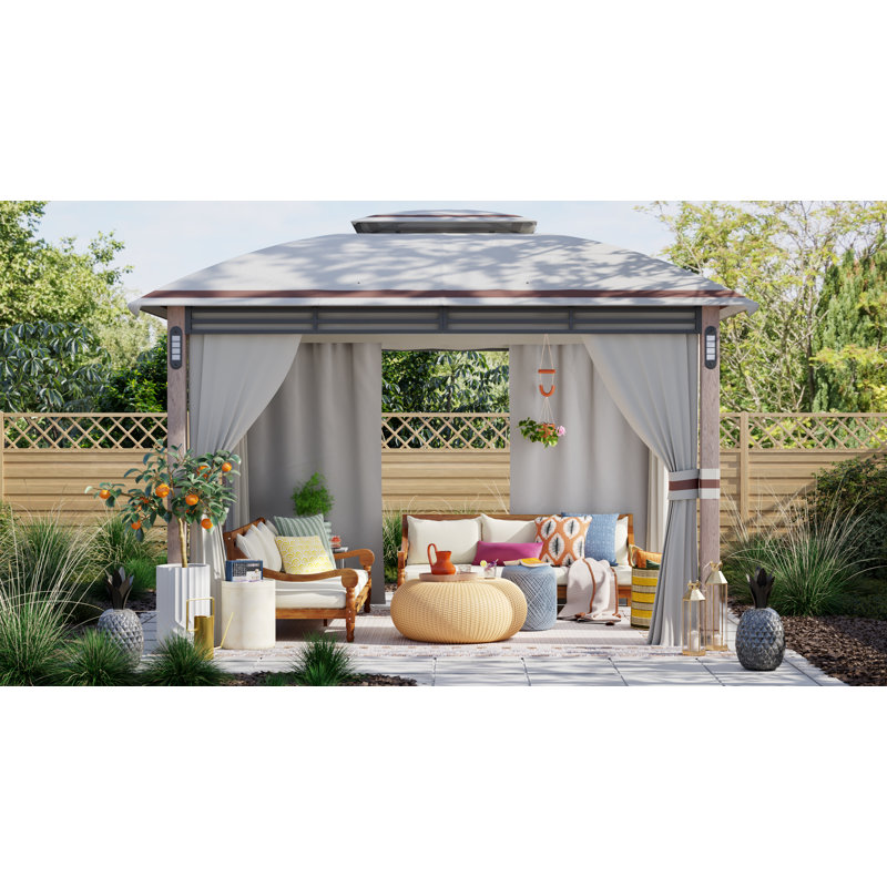 Sunjoy Beretta Outdoor Patio 11 x 13 ft. Powder-Coated Steel Frame 2-Tier Soft top Gazebo with LED Lighting and Bluetooth Sound
