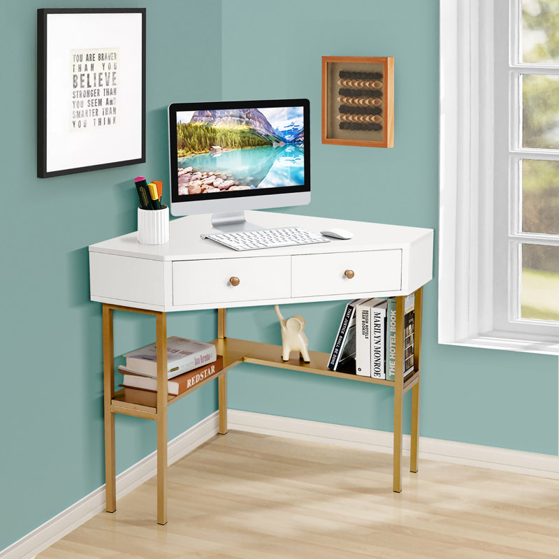 Bureau d'ordinateur en coin, Blanc / brun / chêne