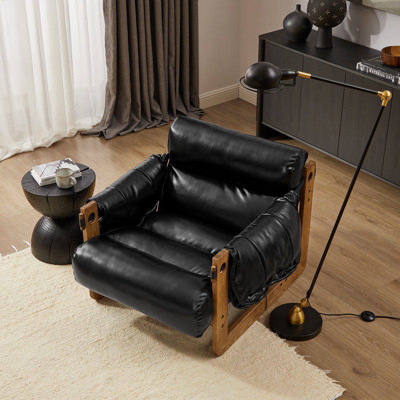 Solid Wood Leisure Lounge Chair, Black Faux Leather