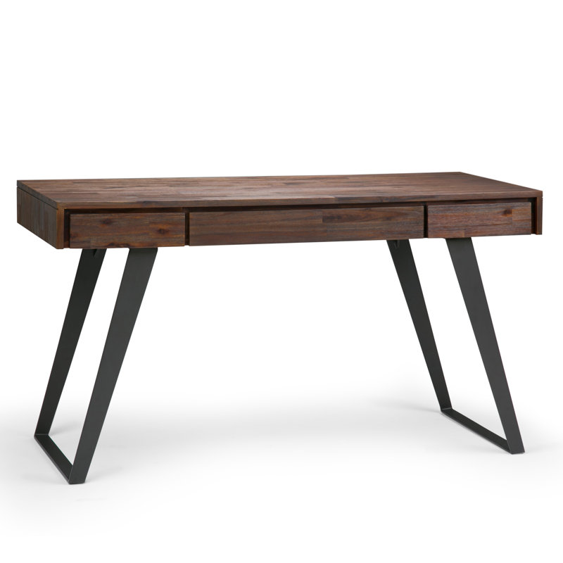 Bureau d'écriture moderne en bois d'acacia massif et en métal avec 2 tiroirs et plateau à clavier rabattable Lowry