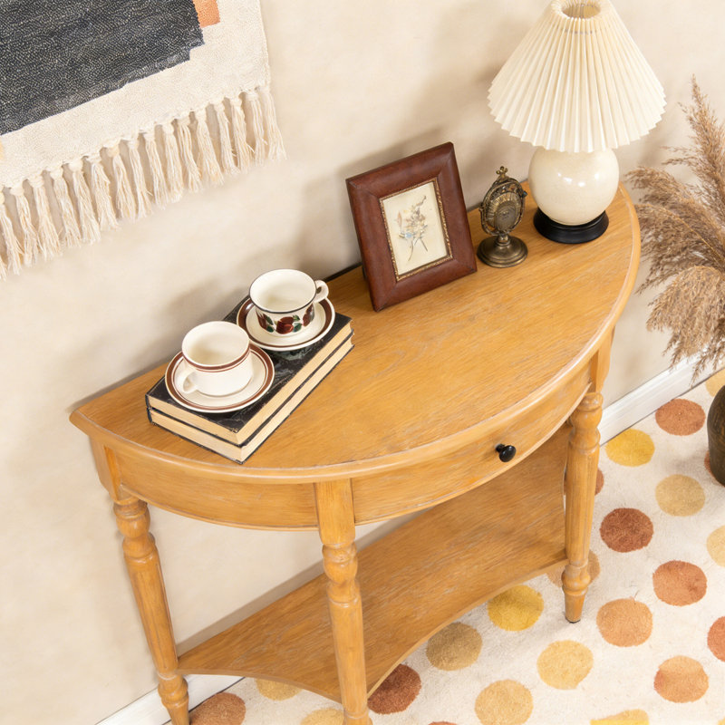 Console demi-lune avec tiroir et tablette, Naturel
