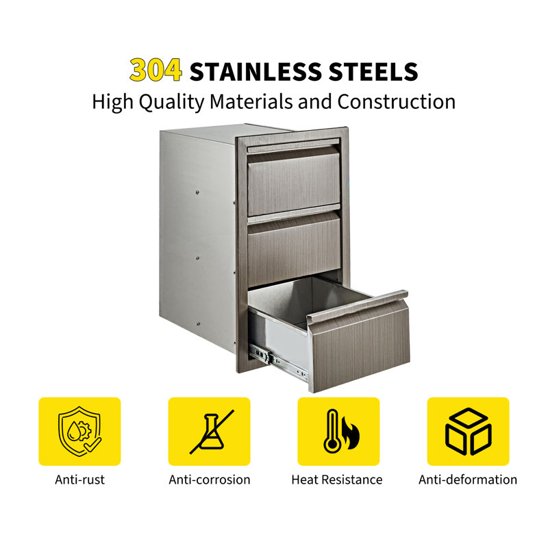 Triple Drawer Outdoor Storage Cabinet – Stainless Steel Weatherproof Flush Mount Drawer Unit for Kitchen Island and Patio Grill