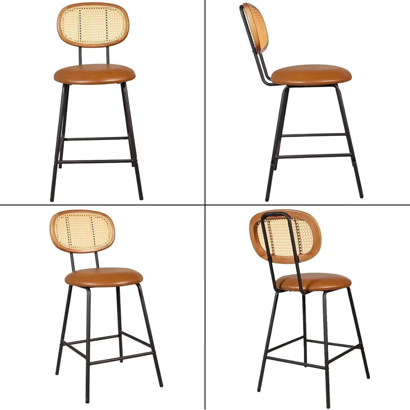 Tabouret de comptoir 24 po avec dossier en rotin et pieds en métal 24 po (ensemble de 2), Brun