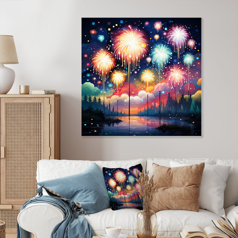 Feux d'artifice bleu et rose au bord du lac - Art mural en métal, H 16 po x l 16 po