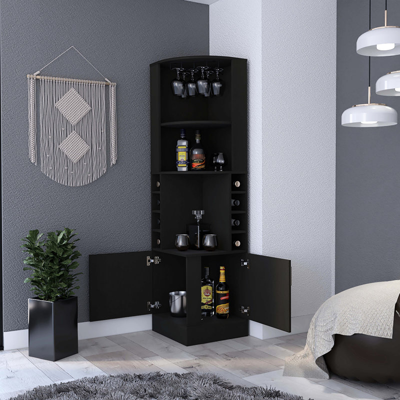 Armoire à 2 tablettes et 8 barres en noir pour la zone de divertissement à domicile avec tablettes ouvertes