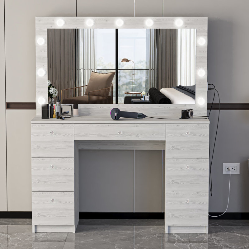 Boahaus Freya Large Vanity Makeup Desk with Wide Mirror, Build-In Lights, 7 Drawers and Power Outlet, Gray/Crystal Knobs