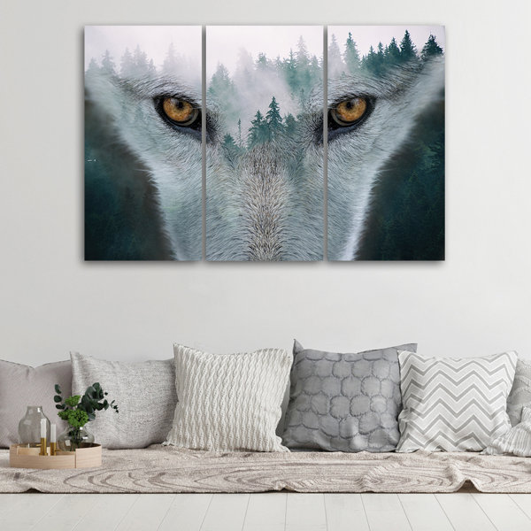 Union Rustic Wolf Forest Fog Nature Trees - 3 Piece Wrapped Canvas ...