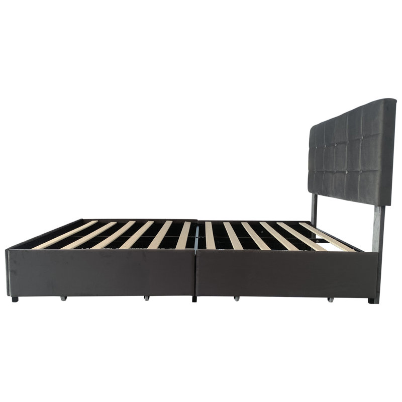 4ft6 Upholstered Bed With 4 Storage Drawers, Grey