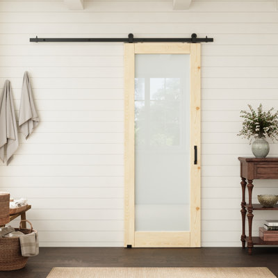 Porte vitrée dépolie de 28 po x 80 po en pin massif avec quincaillerie noire de style grange montée sur le dessus, idéale pour le garde-manger ou le placard.