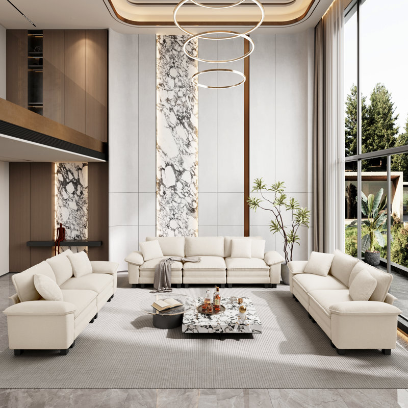 3-Piece Upholstered Modular Sectional Sofa Sets, Oversized Couch Set with Sofa and Loveseats, Ivory Chenille