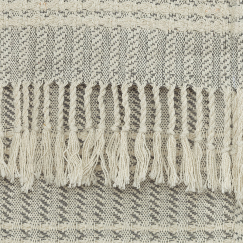 Gray and White Cotton Striped Throw Blanket with Tassels