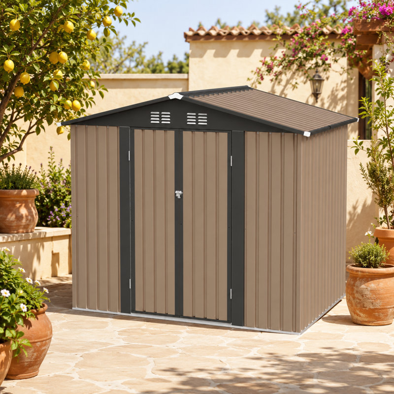 Abri de jardin en métal résistant aux intempéries avec structure renforcée, portes doubles et toit incliné