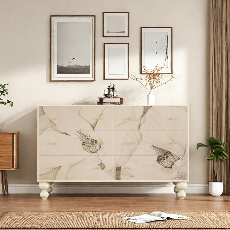 Buffet 53,1 po à six tiroirs, Blanc / Gris