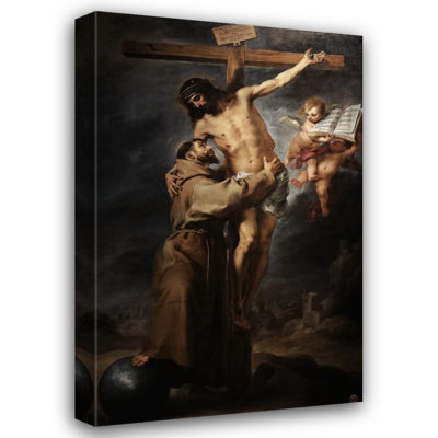 "Saint Francis of Assisi Embracing the Crucified Christ" by  Bartolomé Estebán Murillo - Gallery Wrap Canvas Wall Art