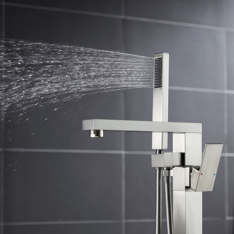 Robinet de baignoire autoportant avec douche à main à un trou, robinet de baignoire en acier inoxydable, robinets de baignoire à fixation au sol à poignée simple moderne