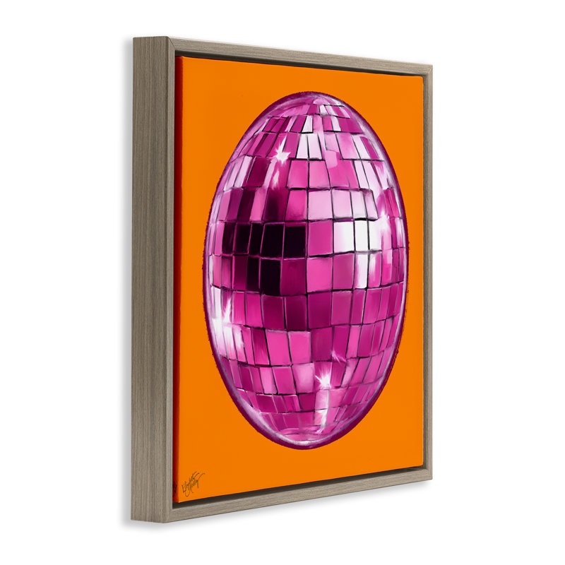 "Disco Ball on Orange", art mural encadré par Elizabeth Medley, H 18 po x l 18 po, Cadre flottant orme Montalcino