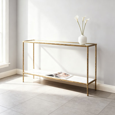 Modern Console Table With Clear Glass Top And White Marble Shelf, Transitional Sofa Table For Living Room And Entryway