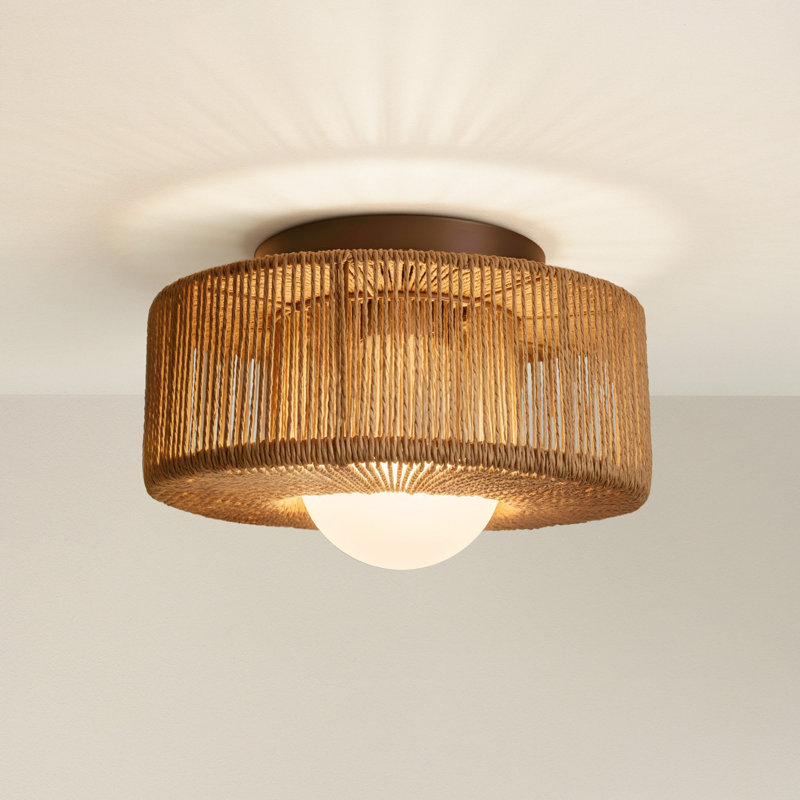 Vela Flush Mount – Metal, Jute & Natural Brown, Dark Brown Canopy Caged 1-Light Hardwired Dimmable Ceiling Light for Bedroom or Hallway in Modern, Boho, and Transitional Style