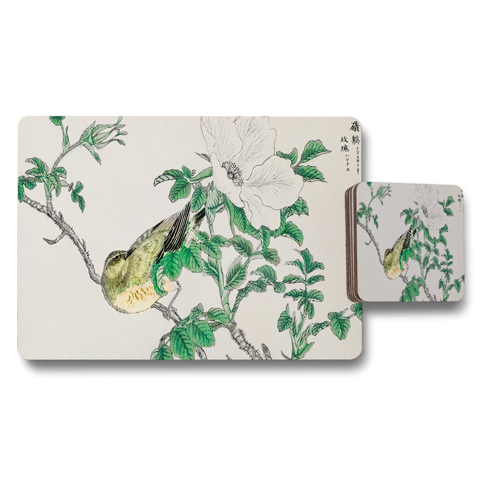 Bird And Floral Placemat And Coaster Set With Green Leaves Design
