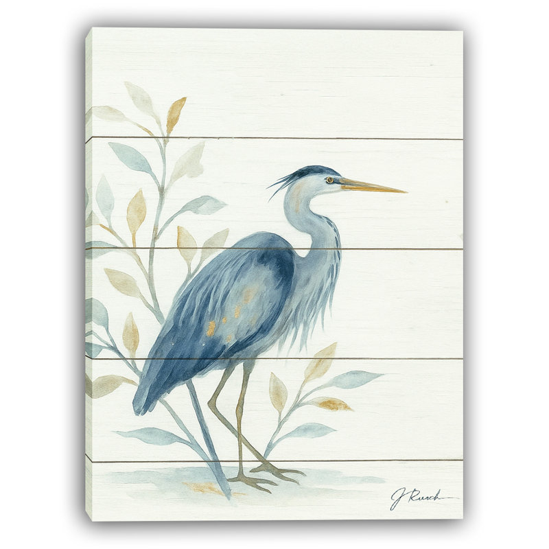 Héron bleu avec décorations feuillues sur toile de bois rustique
