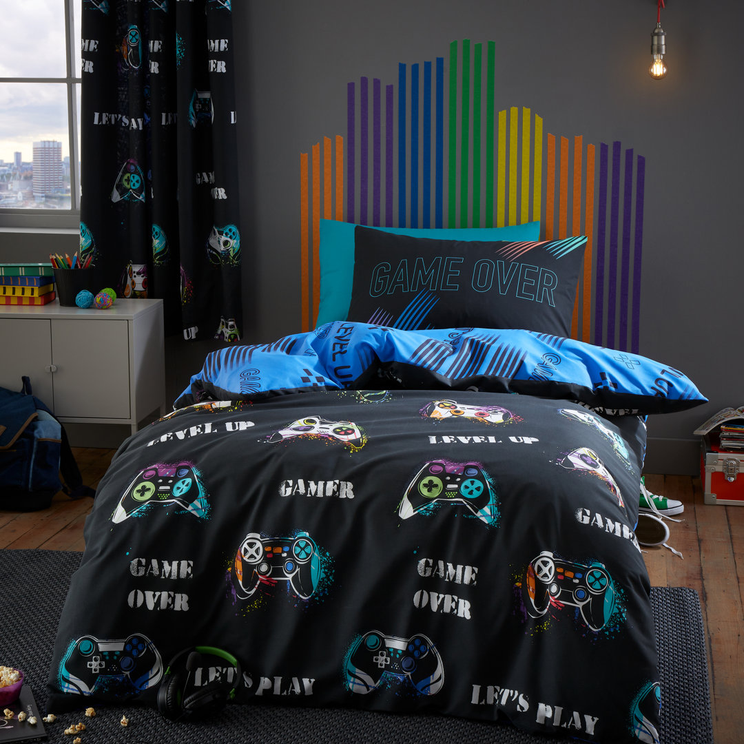 Game Over Reversible Duvet Cover Set with Pillowcases with Pillowcases Black