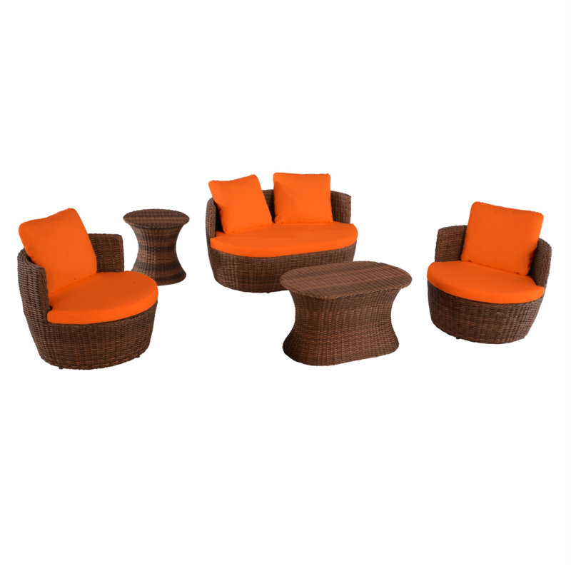 Rias Wood 4 - Person Patio Conversation Set with Cushions, Orange, Dark Brown, No