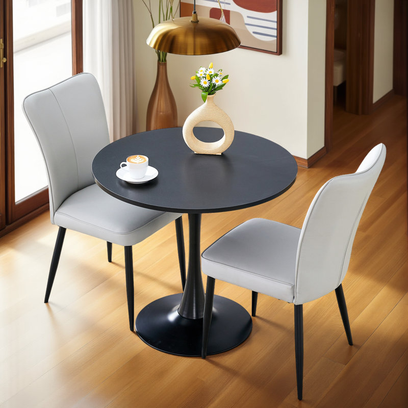Ensemble bistro 3 pièces - Table noire compacte et chaises minimalistes avec pieds en métal, Gris