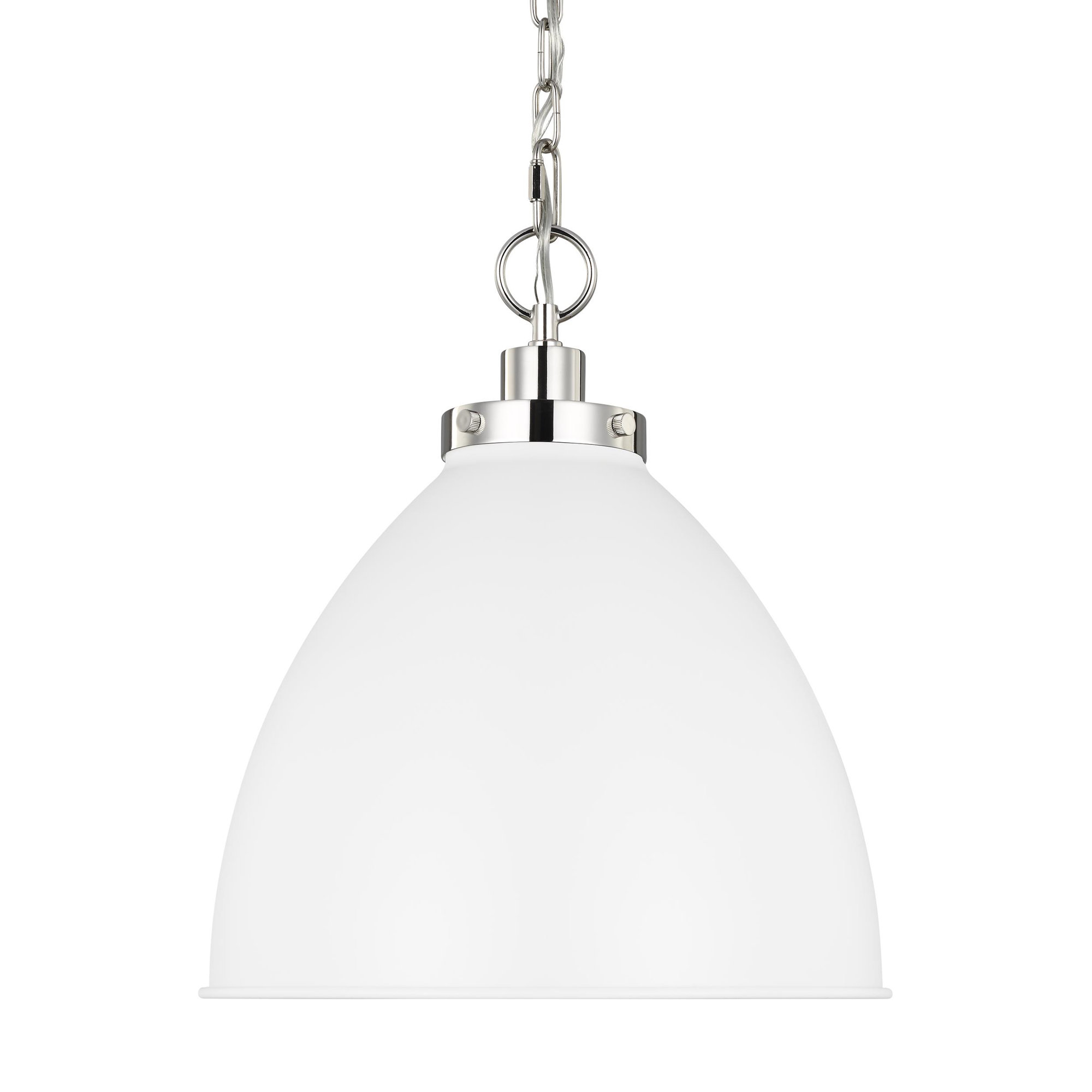 Single Light Metal Dimmable Pendant, Polished Nickel, Matte White, 19.5" H x 17.5" W x 17.5" D
