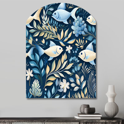 Coastal Tranquillity Seaside Fish Pattern - Coastal Arch Shape Asymmetric Metal Wall Sculpture