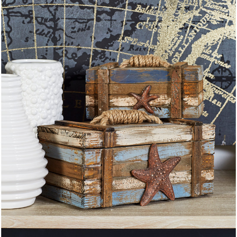 Wood Handmade Distressed Starfish Decorative Brown Box with Knotted Rope Details Set