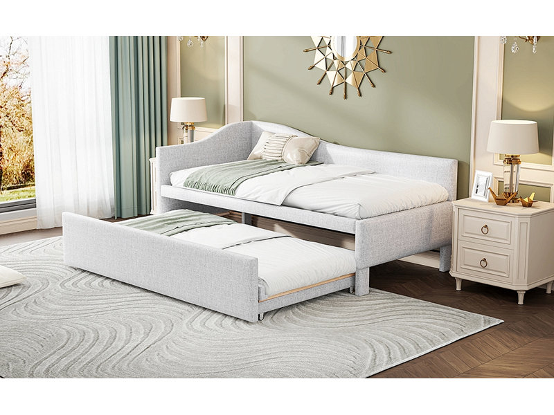 Christenson Size Upholstered L-Shaped Upholstered Daybed With Pop Up Trundle, Beige
