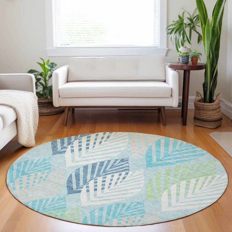 Premium Machine Washable Prisco Teal Rug, Round 8'