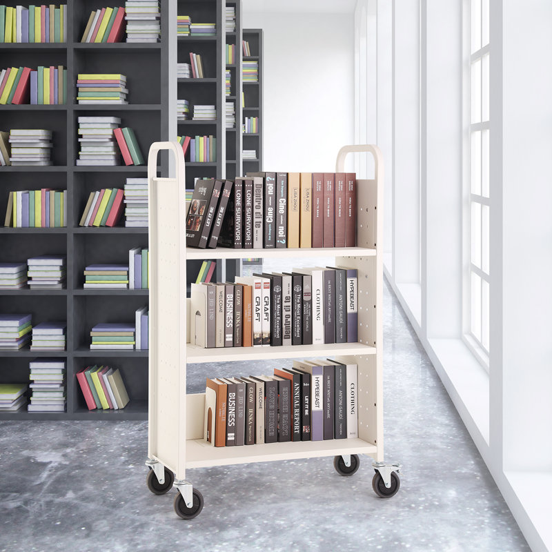 White Carbon Steel Rolling Library Book Cart with Lockable Wheels